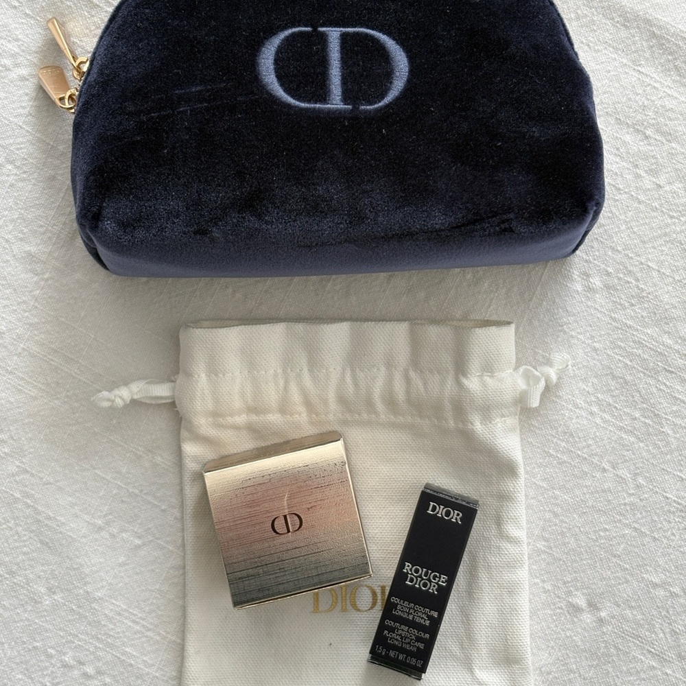 Dior Navy Velvet Beauty Pouch | Dior Prestige La Crème | Rouge Dior Lipstick - Picture 5 of 9